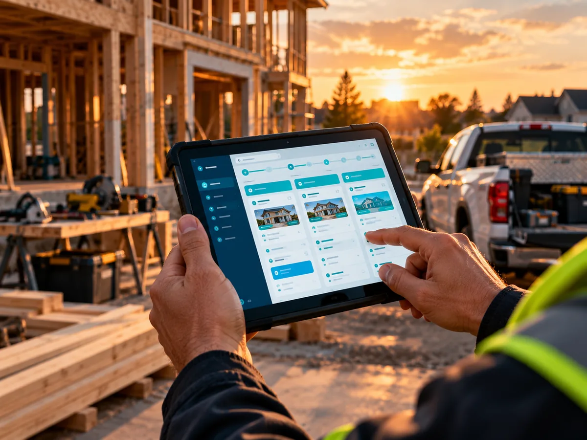 A contractor on a job site reviewing quote follow-ups on a tablet