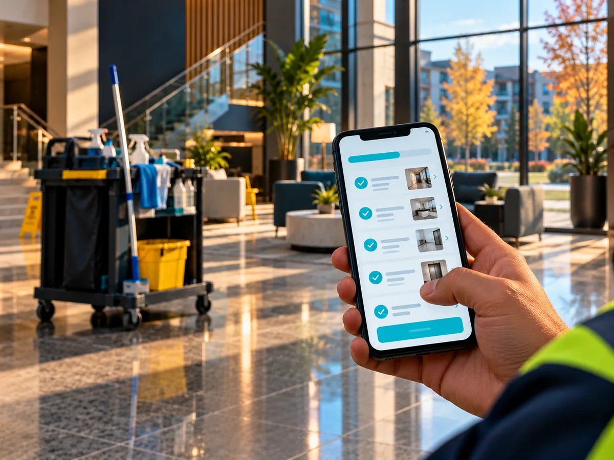 A technician in a commercial lobby checking off a work order on a phone