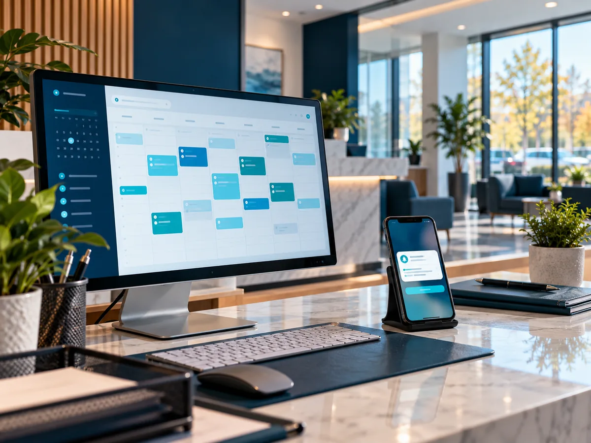An office front desk with an online booking calendar and an appointment reminder