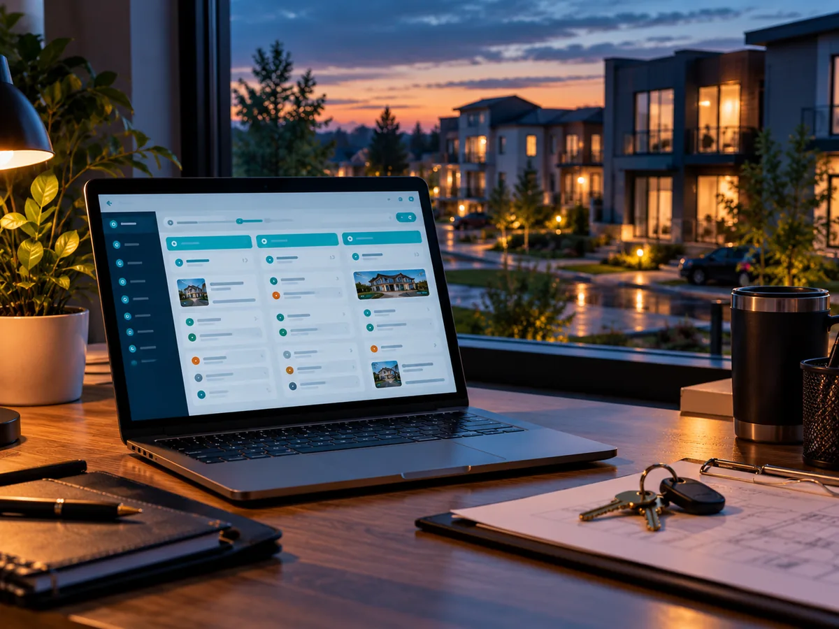 A property manager's laptop showing maintenance requests, with keys on the desk